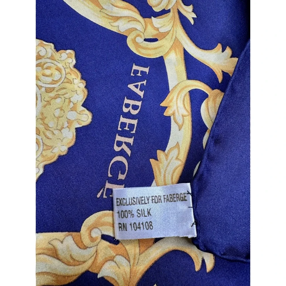 Vintage Faberge Large Scarf 32x32 Navy Blue Gold Baroque 100% Silk Hand Sewn